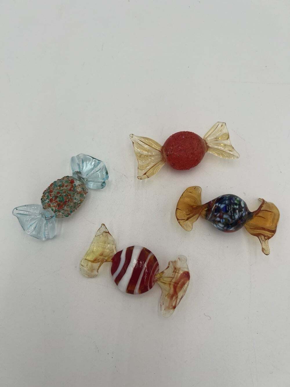 Set 4 Art Glass Wrapped Candy Figurines 3” Multicolor Confetti Striped Decor